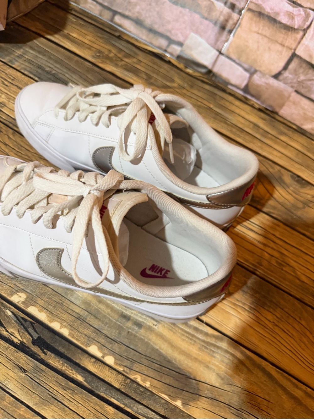 Nike Women's White Sneakers with Metallic Silver Swoosh - Picture 3 of 11